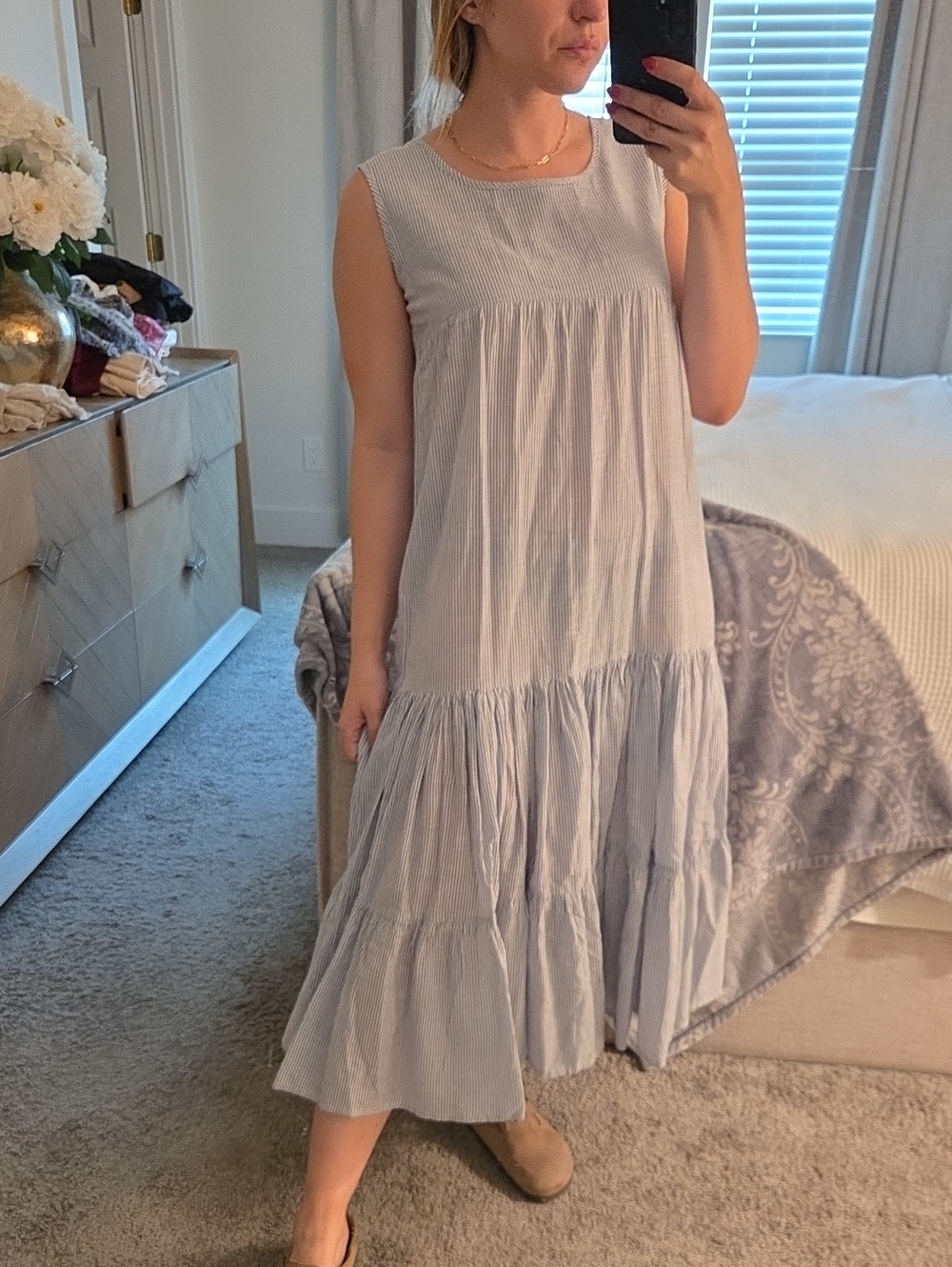 Shade Amour Cotton Sleeveless Light Blue Striped Tiered Maxi Dress